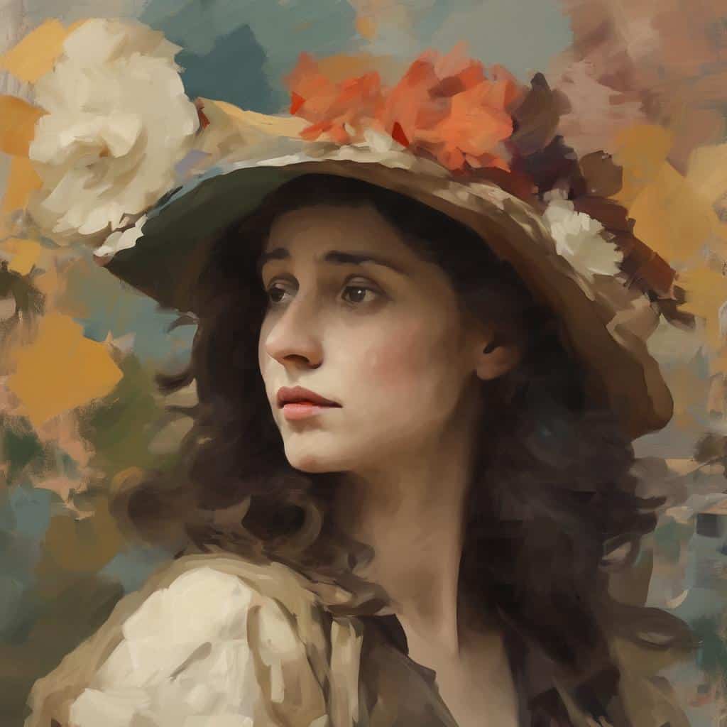 Φαίνεται να είναι ένα πορτρέτο μιας νεαρής γυναίκας με καλλιτεχνική έκφραση και φανταστικό στυλ, φορώντας καπέλο με λουλούδια.