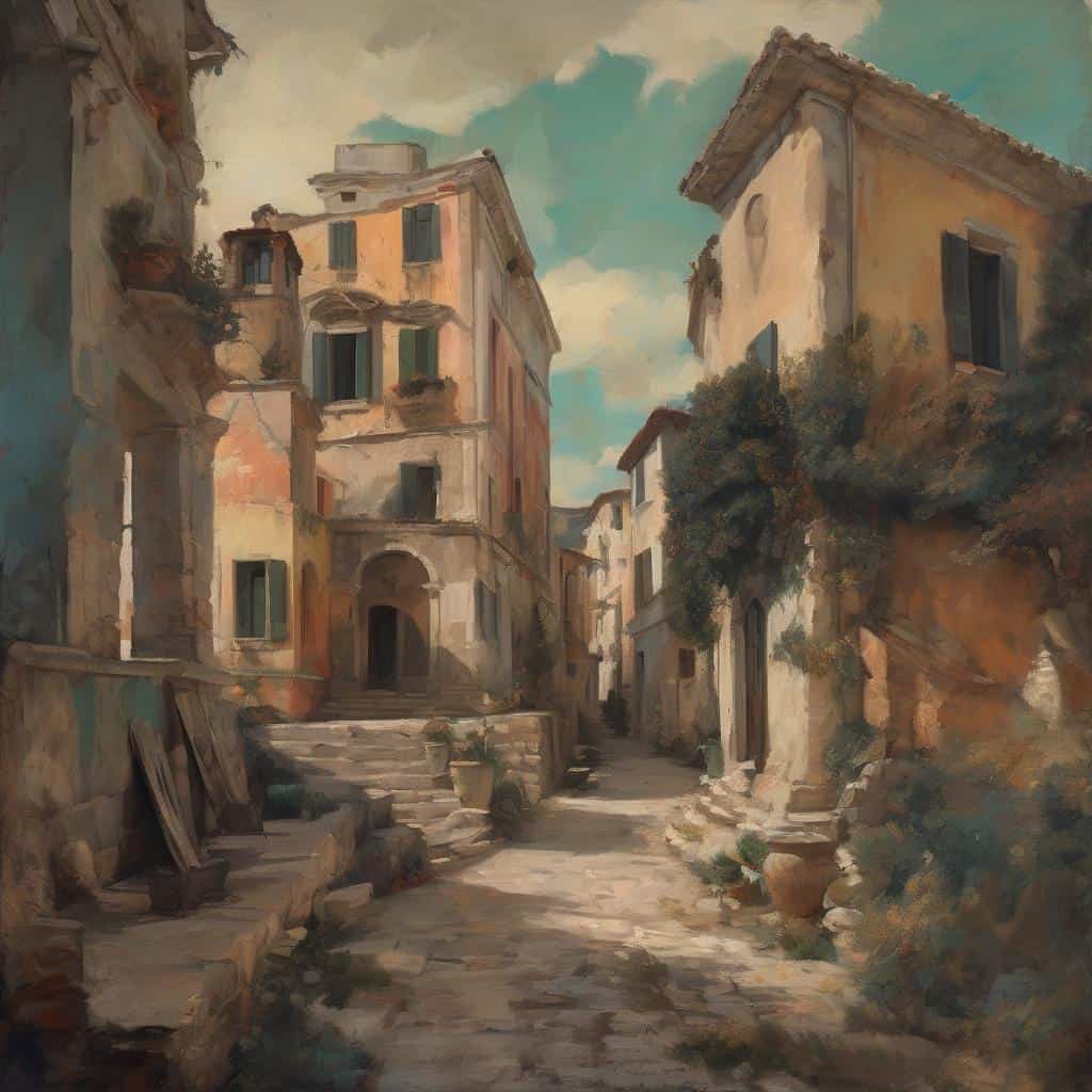 Χαρακτηριστικό: Έργο τέχνης οικιών σε παραδοσιακό τοπίο, έκφραση ανθρώπινης φύσης και καλλιτεχνική δημιουργία.