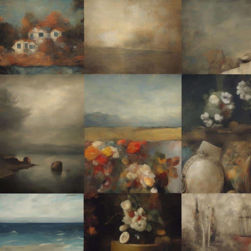 Λιβάδι με λευκά λουλούδια και συννεφιασμένο ουρανό, εκφραστικά δημιουργικά έργα τέχνης και ανθρώπινη φύση στην τέχνη.